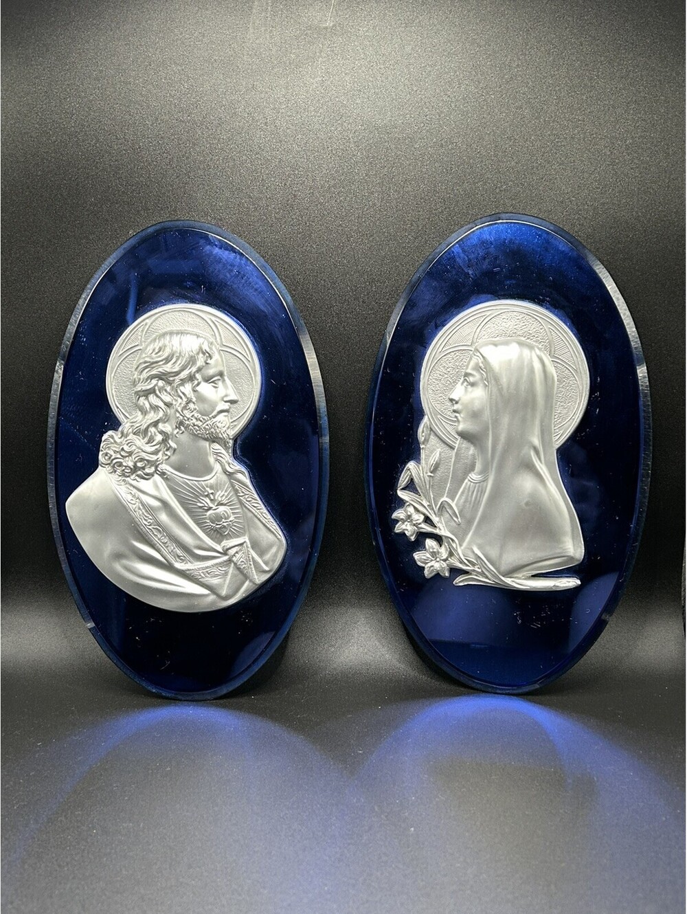 Vintage Cobalt Art Deco Mary And Jesus Plaques Mounted On Mirrored Glass 1940’s